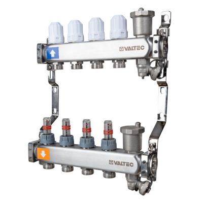 Коллектор из нержавеющей стали Valtec 1"x3/4"с регулирующими клапанами и расходомерами 8 выходов