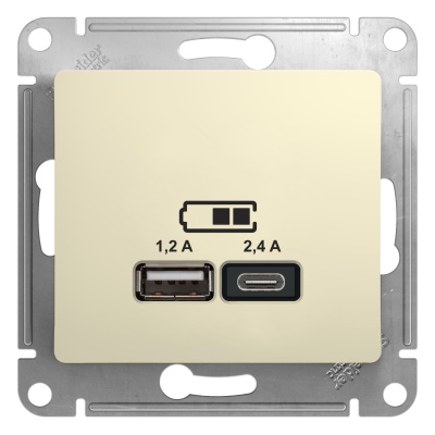 Розетка двухместная USB A+С (5 B / 2,4 A - 2x5 B / 1,2 A) SE Glossa Бежевый, GSL000239