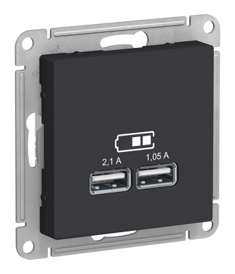 Розетка двухместная USB A+A (5 B / 2,1 A - 2x5 B / 1,05 A) SE AtlasDesign Карбон, ATN001033