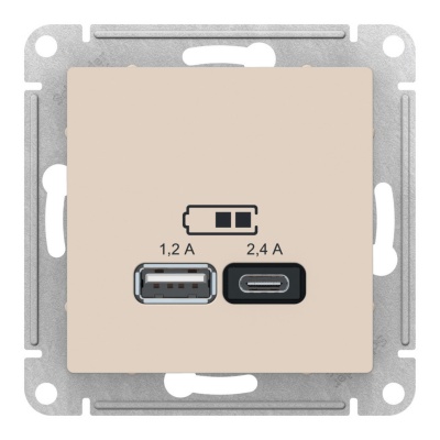 Розетка двухместная USB A+С (5 B / 2,4 A - 2x5 B / 1,2 A) SE AtlasDesign Бежевый,  ATN000239